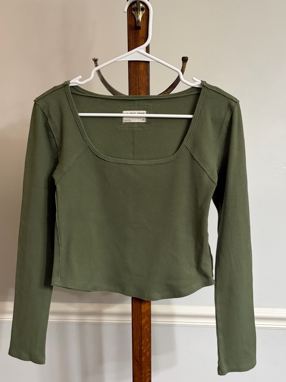 We The Free Olive Ribbed Square-Neck Long Sleeve Top